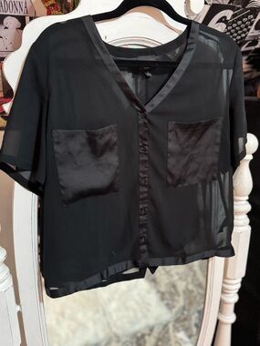 Sheer Black Button-Front Blouse with Satin Pockets